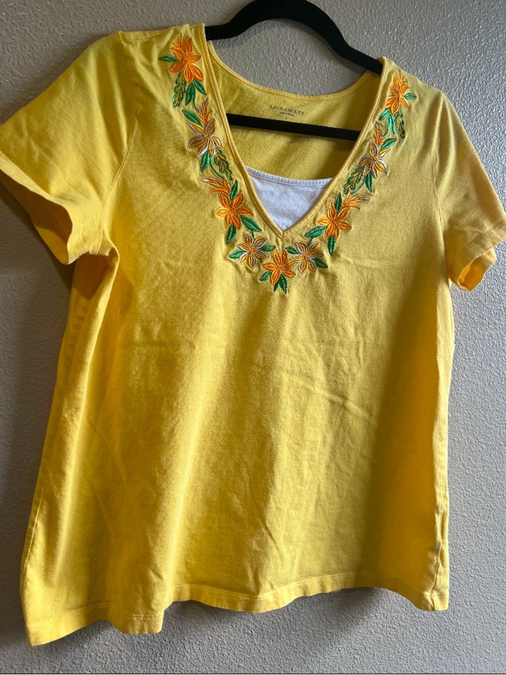 Karen Scott Yellow Tee with Floral Embroidery Large